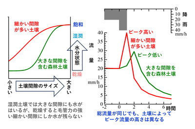 図2 降雨条件が同じで総流量も同じであっても、土壌の種類(左図に間隙サイズの分布の違いを示す)によって、流量の時間変化やピーク流量の高さが異なることを示すシミュレーション結果(右図)