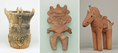 左：深鉢形土器(縄文時代〔中期〕・前3000～前2000年、長野県伊那市宮ノ前出土)、中央：みみずく土偶(縄文時代〔晩期〕・前1000～前400年、埼玉県鴻巣市滝馬室出土)、右：埴輪 馬(古墳時代・6世紀、群馬県伊勢崎市下触町出土)※いずれも東京国立博物館所蔵