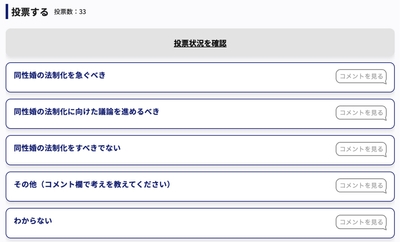 「同性婚の法制化をすべきか？」投票画面