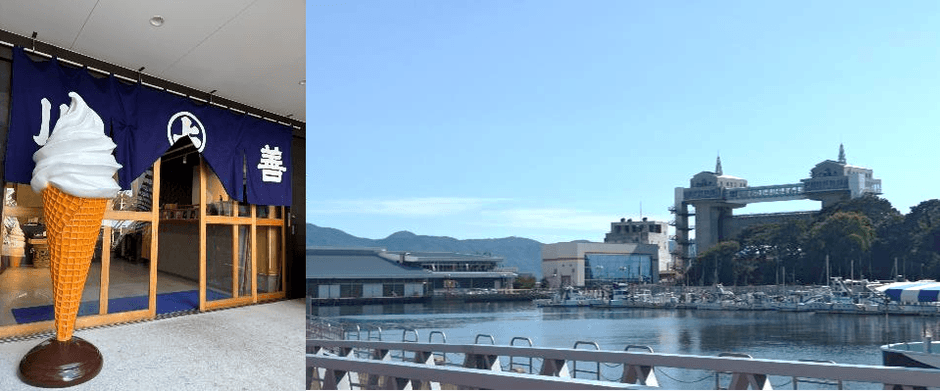 「からすみ茶屋」(1)(左)と、真夏の沼津港(右)