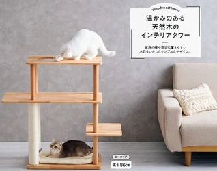 温かみのある天然木のインテリアタワー2種類が新登場！「天然木のキャットシェルフ」と「天然木のラウンドステップタワー」を発売