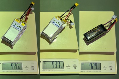 マイクロドローンに搭載した電池パック(左：シリコン負極電池パック、中央：リチウム負極電池パック、右：比較用の市販電池パック)
