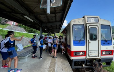 競技中に三陸鉄道で移動