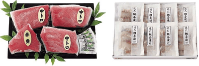黒門市場＜新魚栄＞近大マグロセット（左）、黒門市場＜新魚栄＞近大鯛茶漬けセット（右）