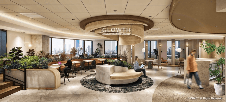 「GLOWTH」とはGROWTH（成長）とGLOW（輝き、満悦感、幸福感）を掛け合わせた造語。空間コンセプトである「年輪」をモチーフとしつつ、 ラウンジを利用する人々の心が満たされ、その幸福の輪が広がっていくようにという意を込め名づけました。
