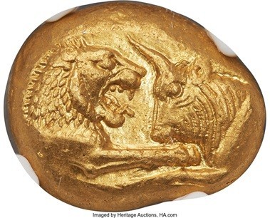 Greek: LYDIAN KINGDOM. Croesus (561-546 BC). AV stater (16mm, 10.77 gm). NGC Gem MS★ 5/5 - 5/5, Fine Style.
